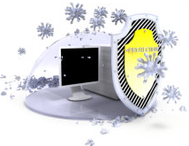 Abstract illustration of a computer and antivirus shield
