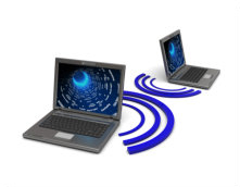 Abstract illustration of two laptops and wi-fi